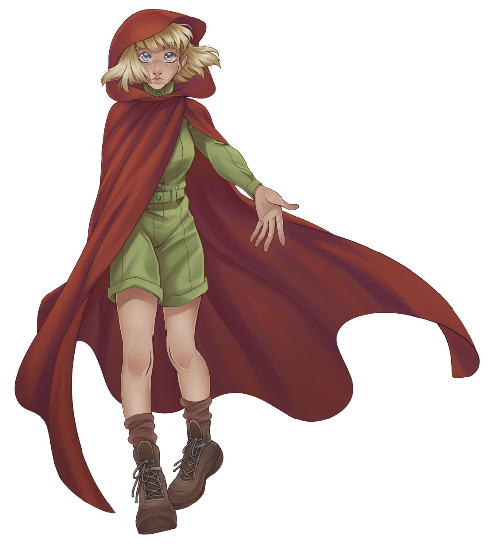 A very short blonde woman with blue eyes and fair skin stares strangely into the camera as she walks forward. As she walks her left hand is out flourishing her bright red hooded cloak to the side revealing her short legged lime-green romper beneath.
