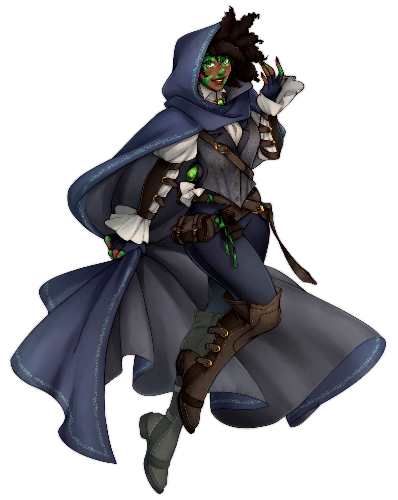 Ilsene in joyous motion with billowing cloak and thieve's gear. Her hair poking out of her hood above her face which highlights the her green eyes and matching vitiligo against her dark skin.