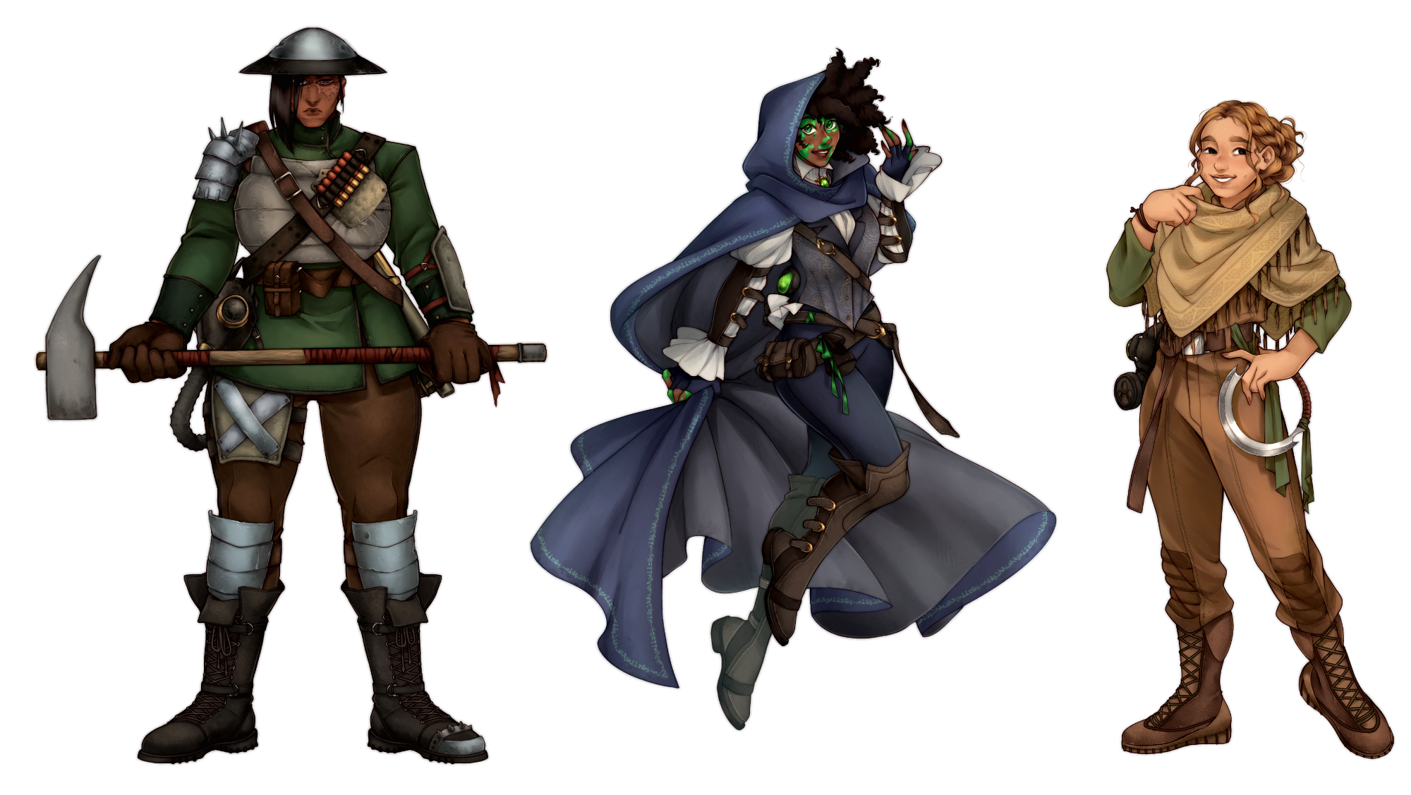 Three figures, from left: Ezri stands stolidly in armor with brown hair covering half of her face (the unscarred part) holding a large clawed sledgehammer. Ilsene in joyous motion with billowing cloak and thieve's gear. Her hair poking out of her hood above her face which highlights the her green eyes and matching vitiligo against her dark skin. Magpie looking playful in earthtones that align with her light brown hair, pulled back and curled tresses falling on either side of her face, wearing a sisk at her side. All three carry gas masks at their belts.