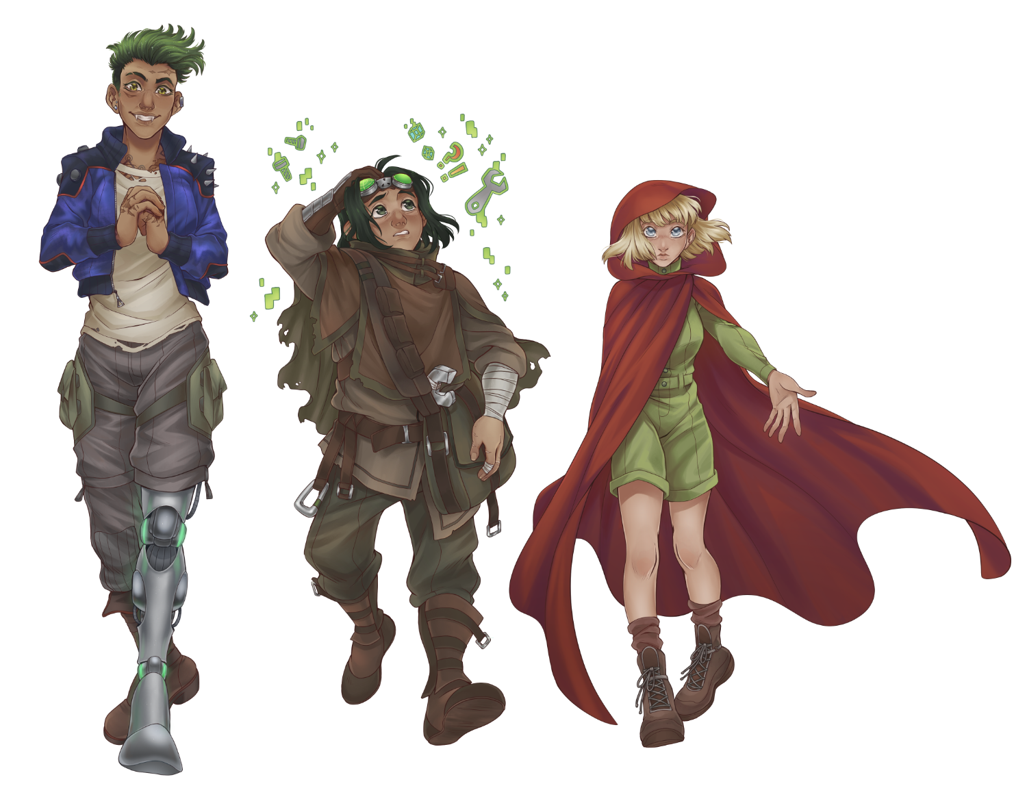 Our cast of three explorers from campaign one walking towards camera.. From left to right: Nix - a warrior woman with green hair and serpent fangs cracks her knuckles and smiles. Her left leg is a metal prosthetic with jade green seams. Dili - a short dark haired man with dark green eyes looks distractedly past his pushed up goggles at multi-colored shapes floating above his head. ChaCha - An even shorter fair-skinned woman with blonde hair stares strangely forward with blue eyes. She has extended her left arm flourishing out her bright red hooded cloak to reveal the short-legged lime-green romper she wears beneath.