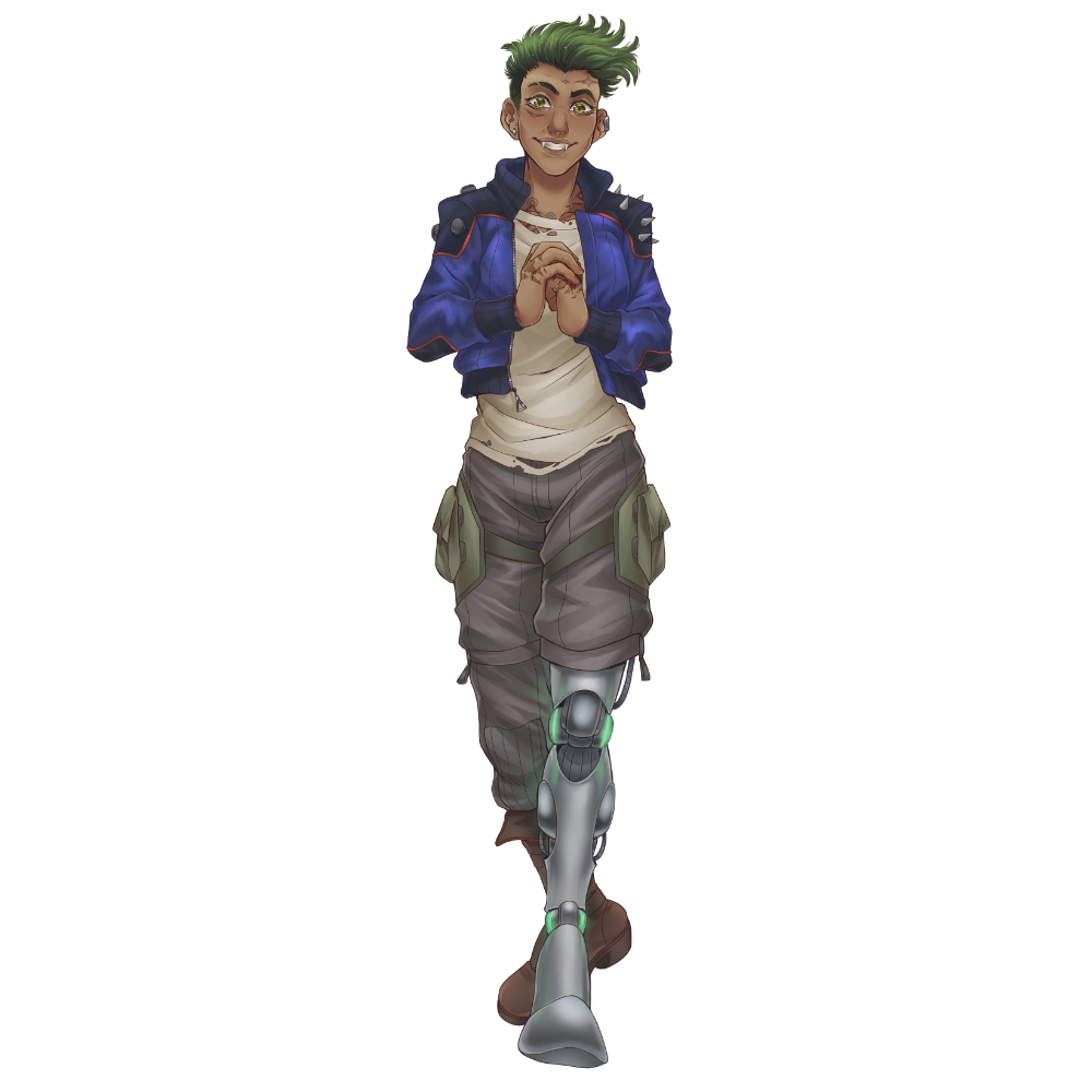 Nix - a tall green haired woman wearing a bright blue coat walks confidently towards the camera, cracking her scarred knuckles. You can see a hint of a geometric tattoo peeking out above her neckline. Her right leg is fully clothed in brown pants and a very fine boot. Her left leg is exposed at mid-thigh and appears to be a metal prosthetic with jade green seams. She smiles widely and you can just see serpent fangs.