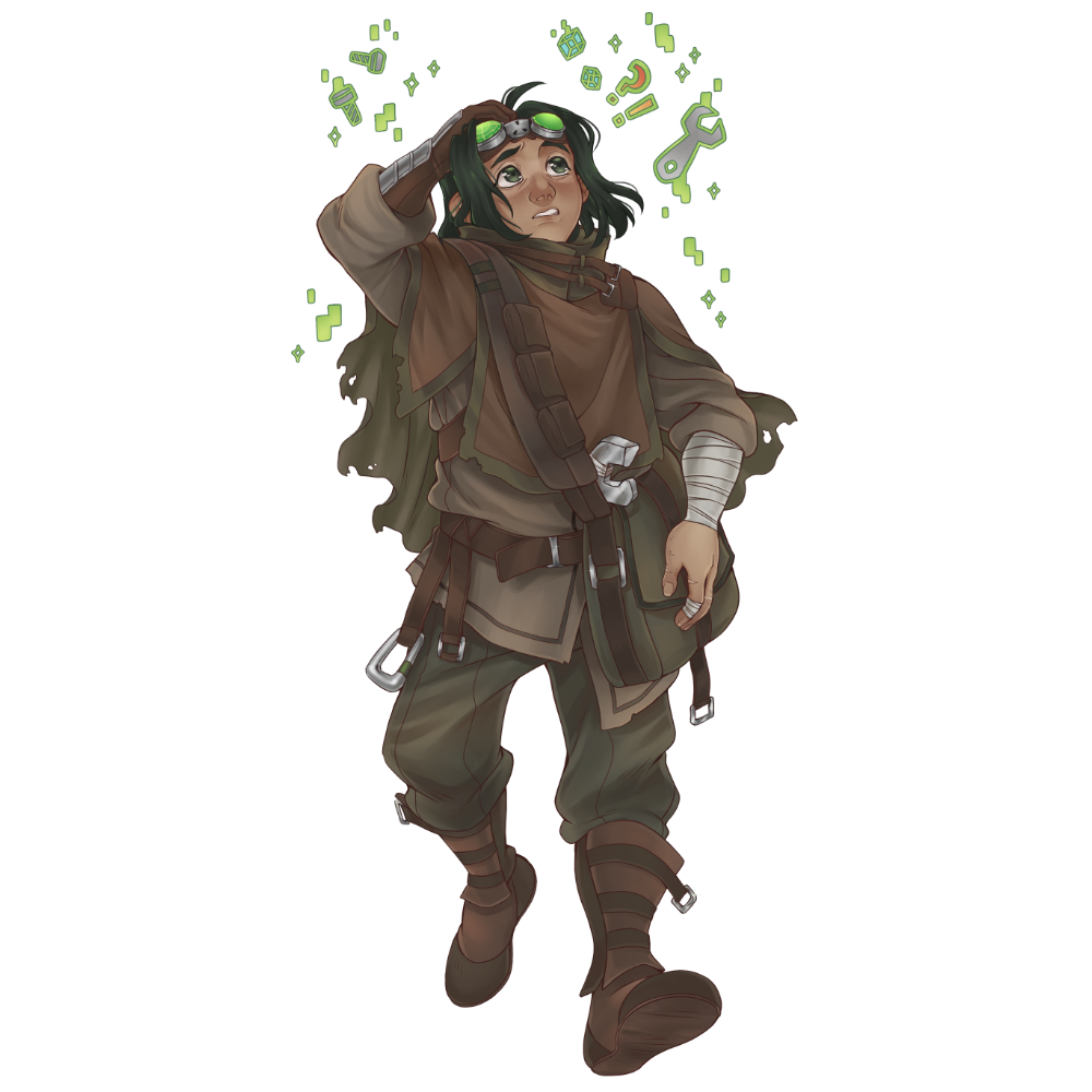 Dili - a short dark-haired man in ragged brown adventuring clothes with goggles pulled up to his brow walks towards the camera. His dark green eyes look distracted and strange colored shapes are floating in the air above his head. His hands appear scarred by previous injuries and a wrench is holstered at his waist.