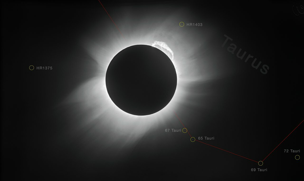 Eddington's photo of 1919 eclipse with stars marked