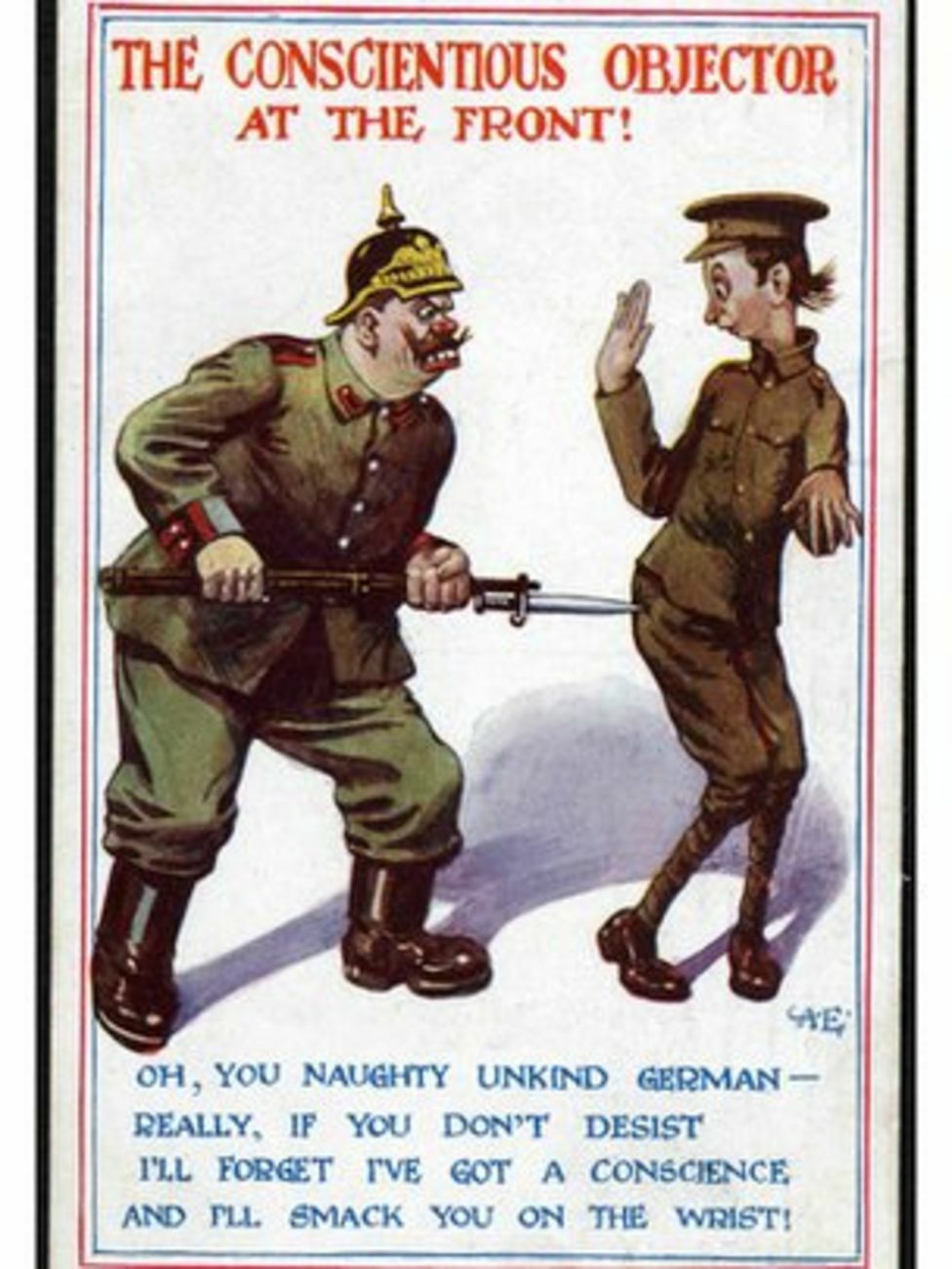 CO cartoon - Stereotypical unmanly soldier reacts with  horror to massive German soldier and threatens to smack him on the wrist