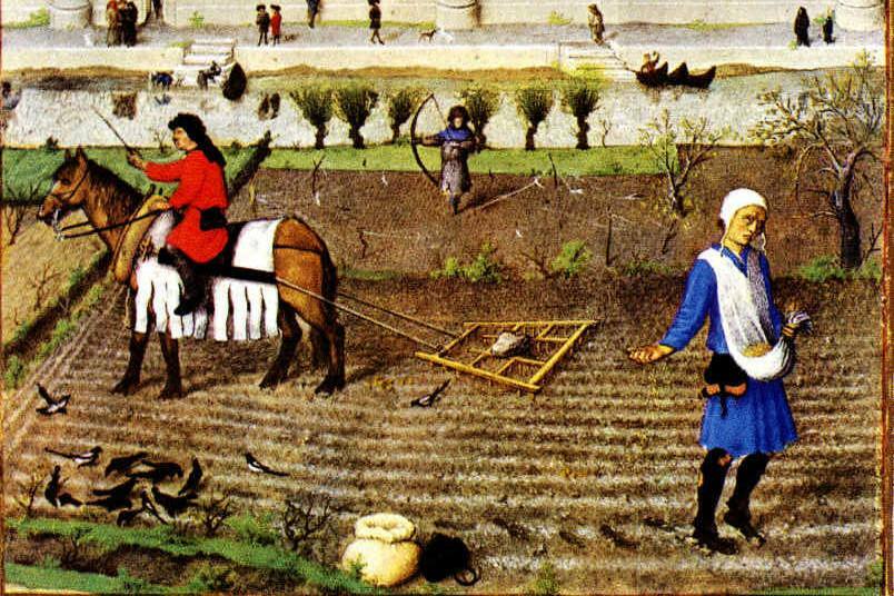 Medieval image of ploughing and sowing