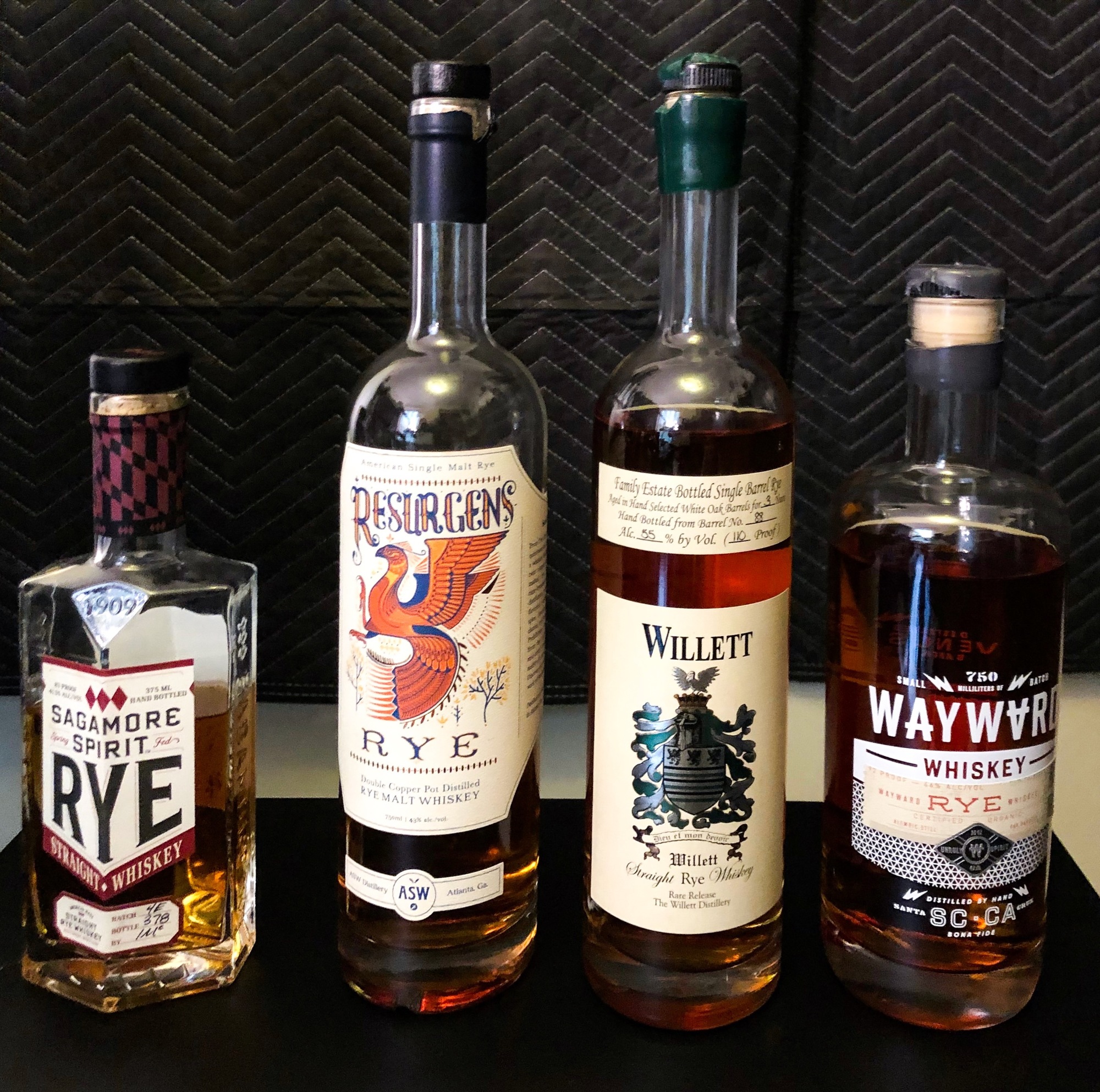 The four ryes we tasted: Sagamore Spirit Signature (Maryland) Rye, Resurgens Rye, Willett Family Estate Bottled 3 Year Rye, Venus Spirits Wayward Whiskey Rye